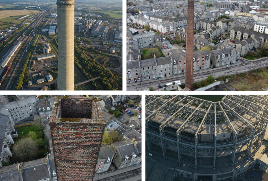 4 images of tall chimneys and tall structures. 